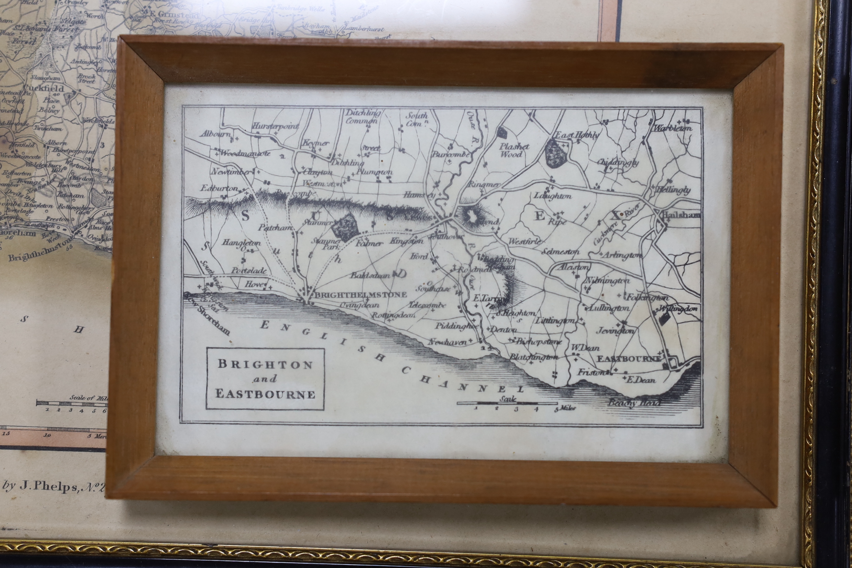 Eight framed 18th and 19th century maps of Sussex, etc., including maps by; Langley, Eman Bowen, Cary, etc. largest 22 x 27cm